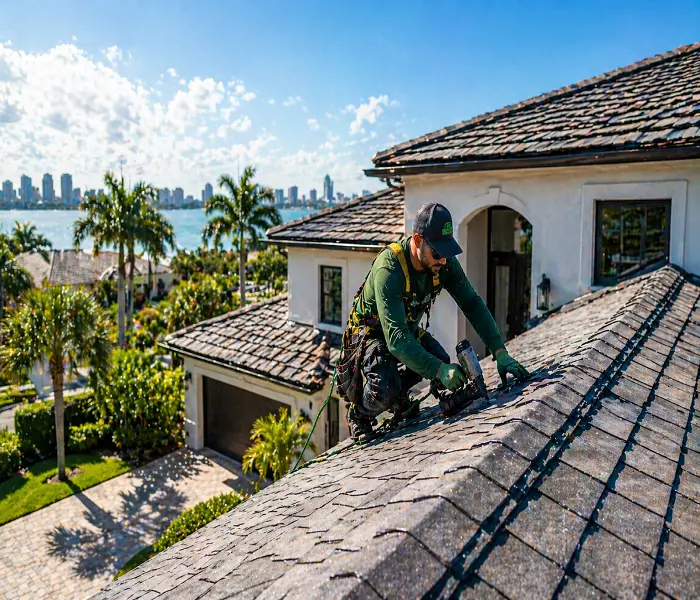Roofing contractor installing shingles on a residential roof in Miami with palm trees and waterfront view