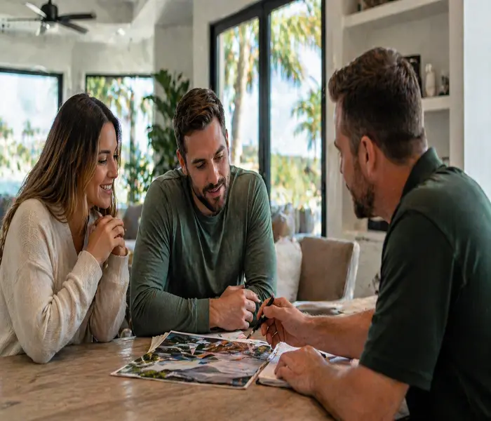 Homeowners discussing roofing financing options with contractor in a modern Miami home