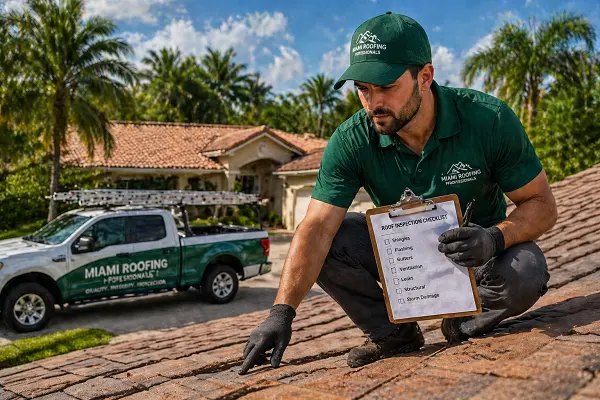Roofing contractor performing roof inspection in Miami checking shingles and identifying potential damage