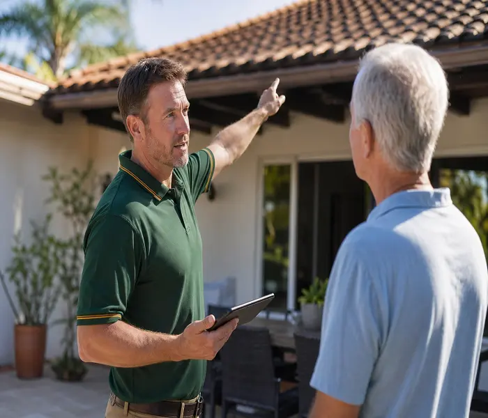 Roofing contractor explaining roof condition to homeowner in Miami