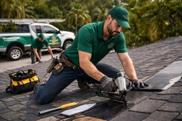 Roofing contractor repairing damaged shingles on a residential roof in Miami with branded service truck in background