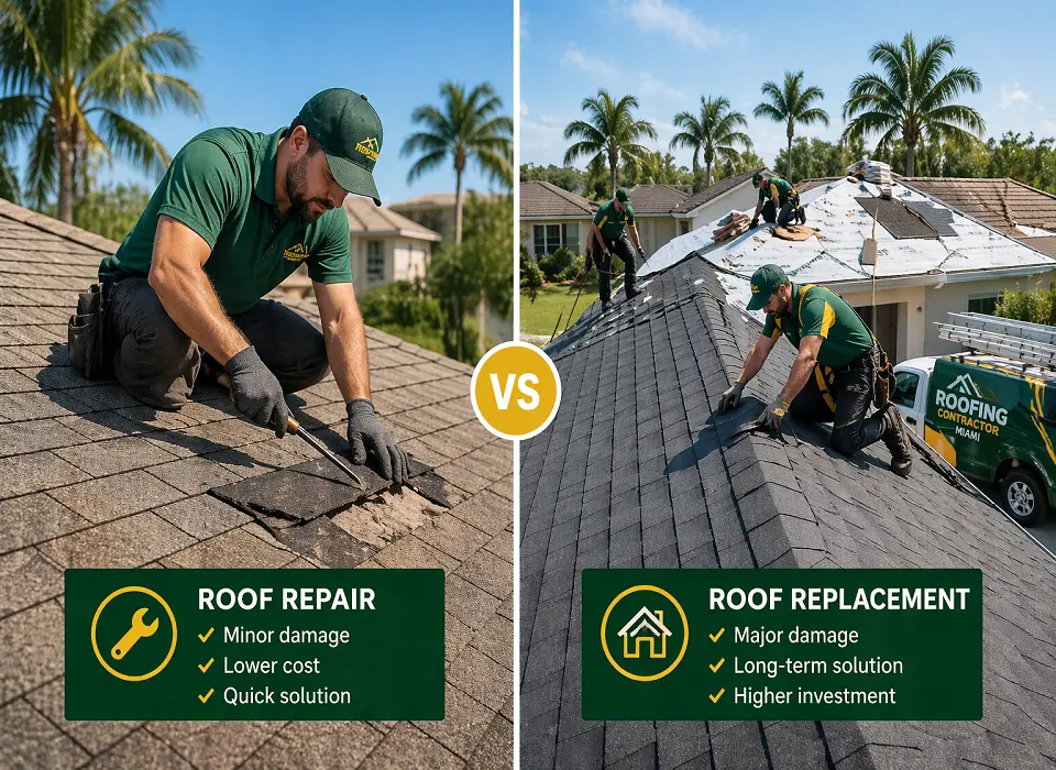 Roof repair vs roof replacement in Miami showing contractor fixing damaged shingles and full roof installation