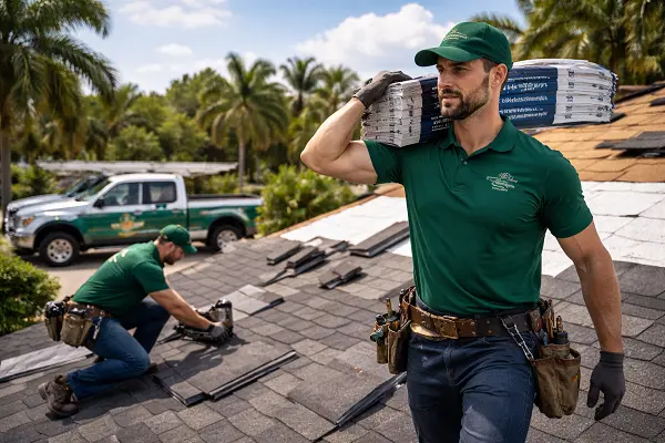 Roofing contractors in Miami replacing old roof with new shingles for residential home roof installation