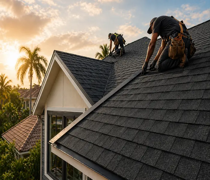 Miami roofing contractors working on shingle roof installation on residential home