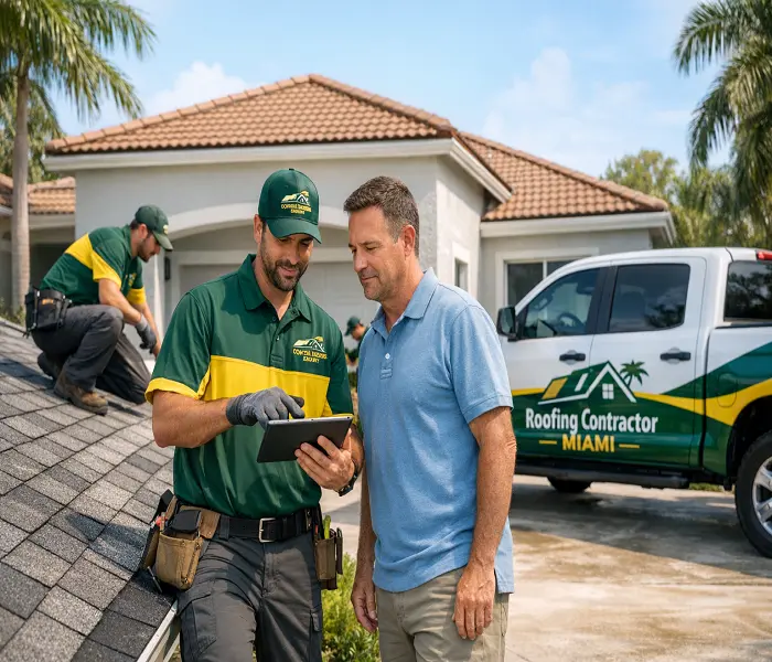 Roofing contractor in Miami inspecting residential roof with homeowner near branded company truck