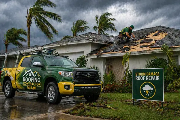 Storm damage roof repair in Miami with contractor fixing shingles on house during severe weather