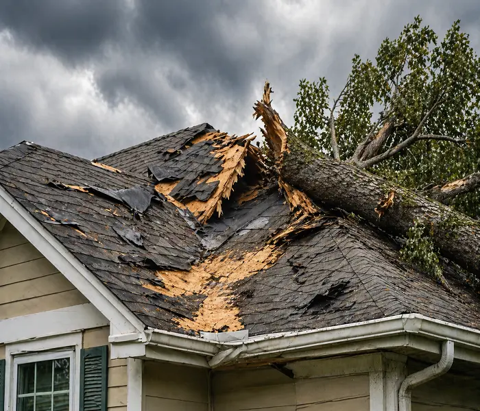 Storm damaged roof in Miami with fallen tree and broken shingles after severe weather