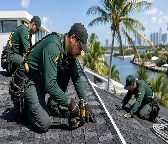 Professional roofing contractors in Miami installing new shingles on a residential roof, showcasing expert roof repair services.