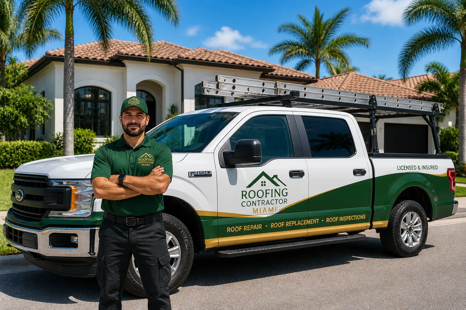 Roofing contractor truck with branding parked outside residential home in Miami