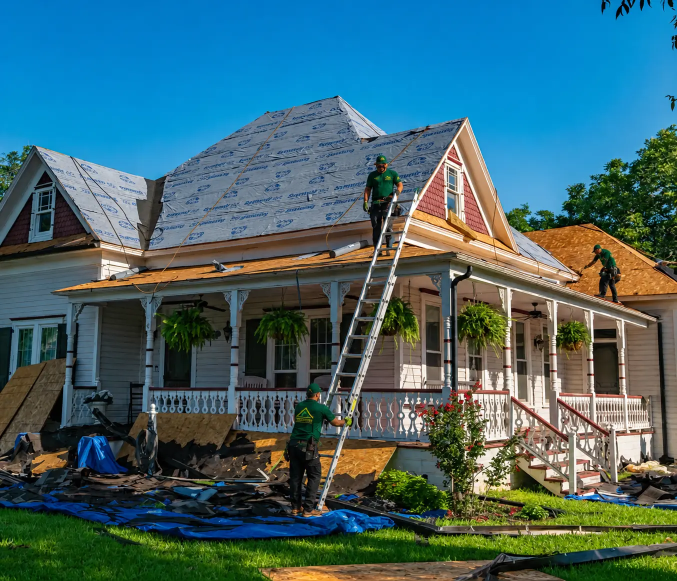 Roof repair team working on residential home in Miami under sunny conditions