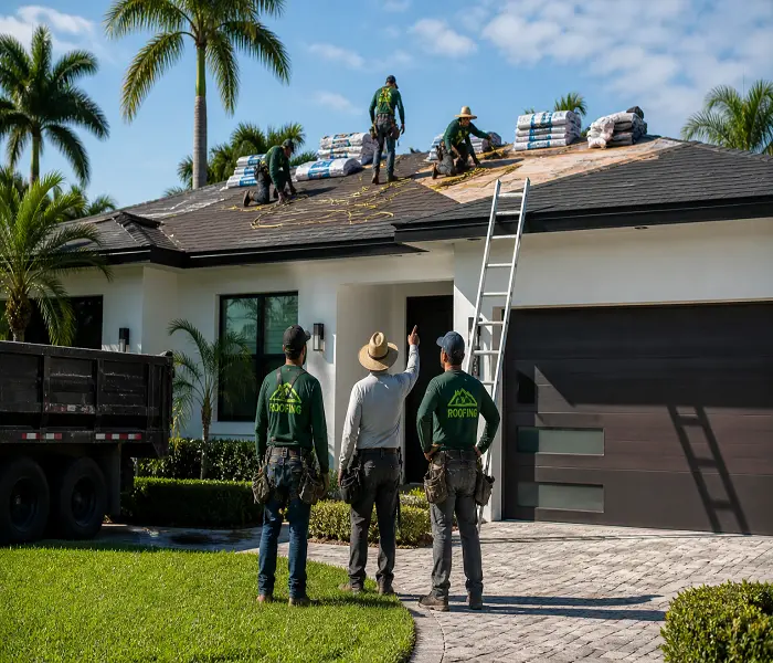Roof repair team working on residential home in Miami with roofing contractor supervision