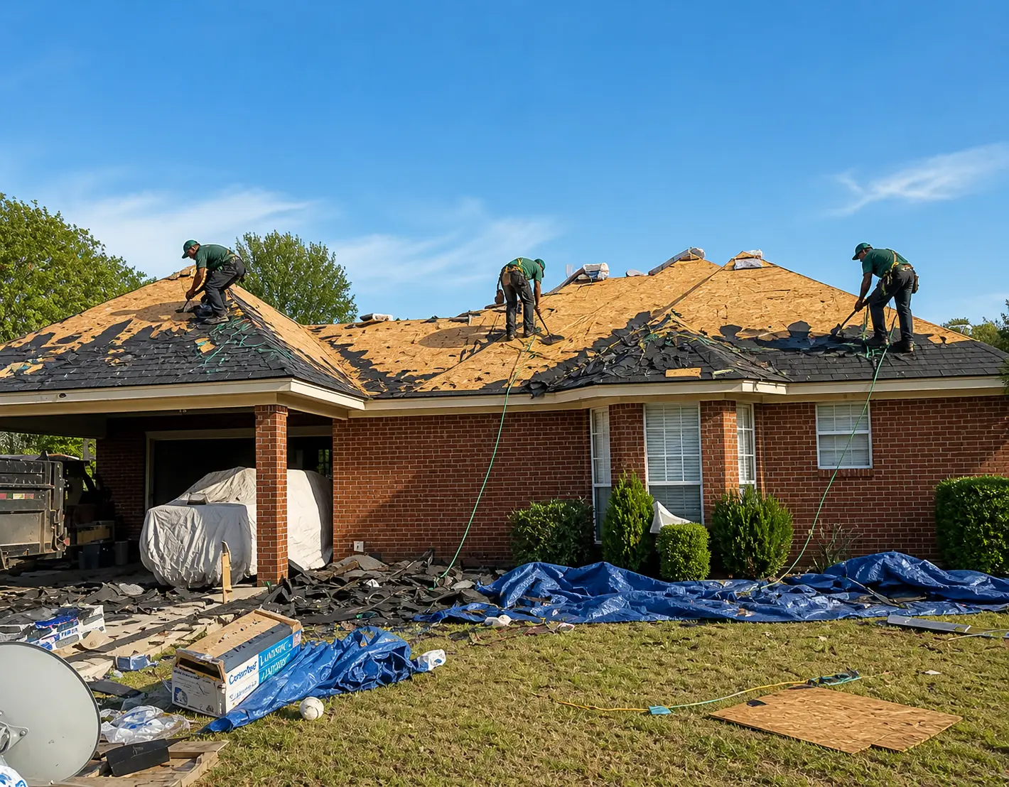 Roof repair team working on residential home with roofing materials and equipment in Miami