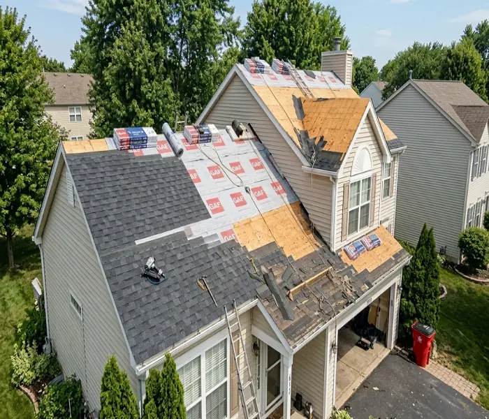 Roof replacement in progress for shingles removed, underlayment and new shingles installed.
