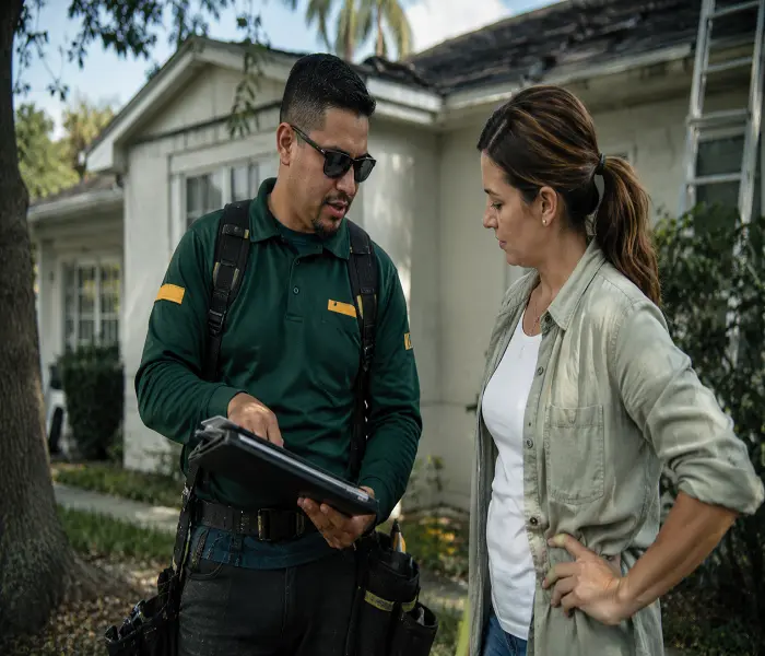 Roof replacement consultation in Miami with contractor reviewing roof condition with homeowner outside residential property