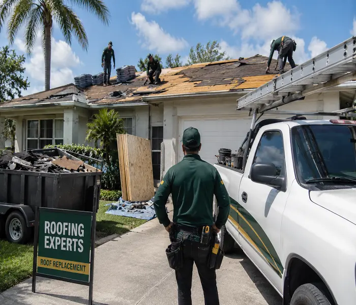 Roof replacement in Miami with roofing crew installing shingles while supervisor stands near service truck in residential area