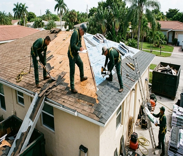 Roof replacement team removing old shingles and installing new roofing system in Miami