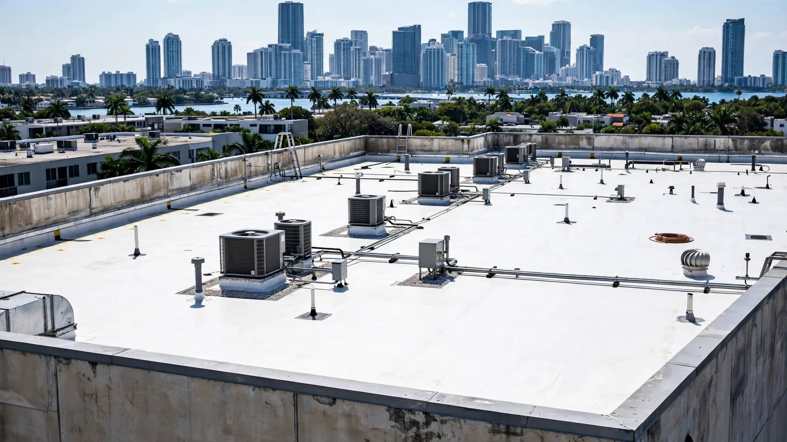 Commercial flat roofing system on a Miami building