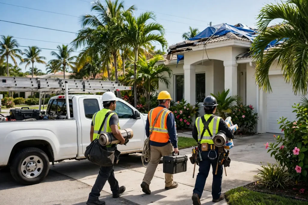 Emergency roofing crew responding in Miami